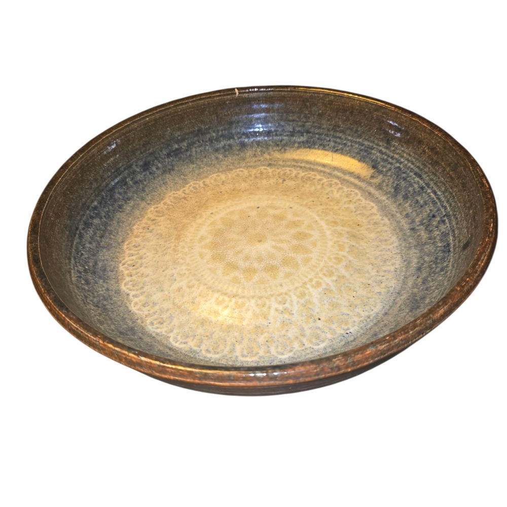 Vintage 1986 Judy Smith Studio Pottery Bowl 11" Lace Glaze Brown Blue Art Signed